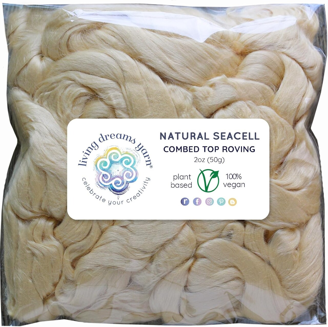 2oz Seacell Fiber: Natural White Undyed Combed Top Roving. Plant Based, Eco Friendly, Vegan